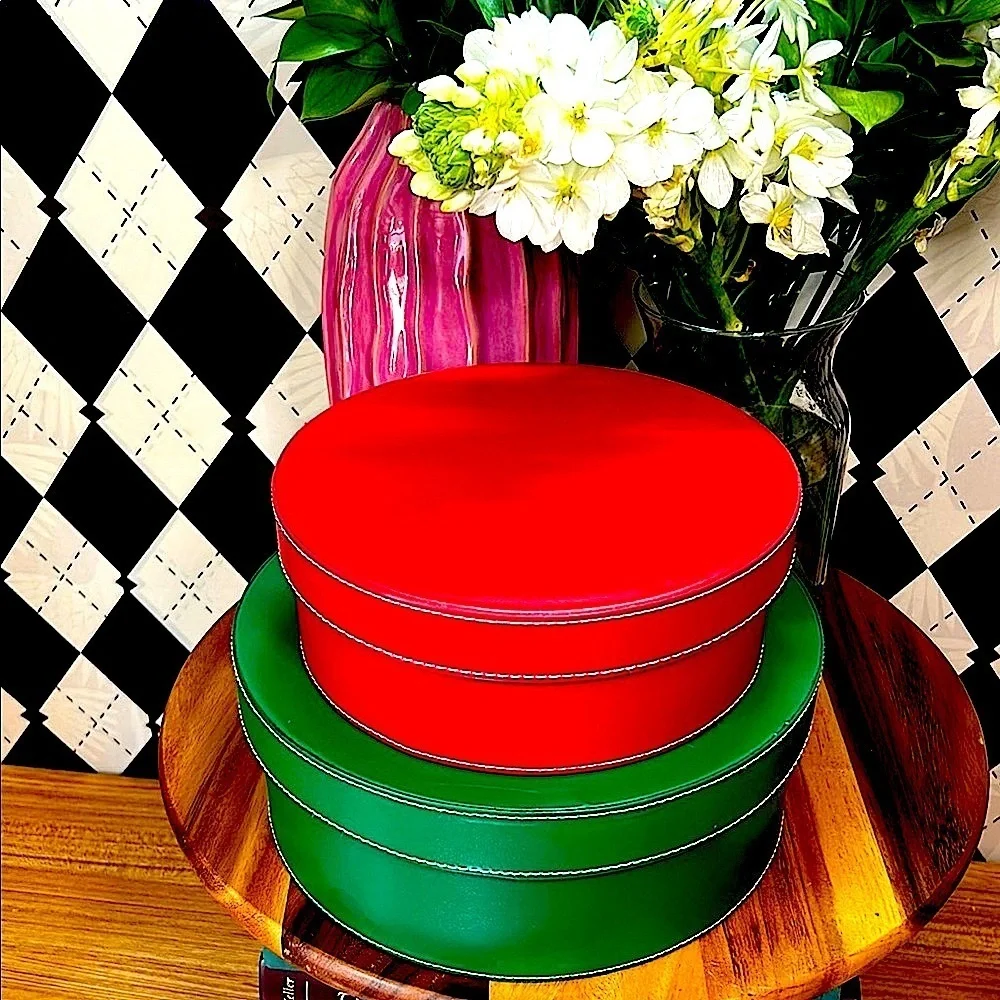 Nesting Leather Boxes Set of 2 – Red & Green – Cylindrical Storage -‎ Large